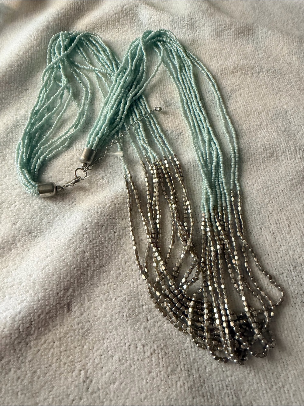 Multi-Strand Aqua and Silver Beaded Statement Necklace